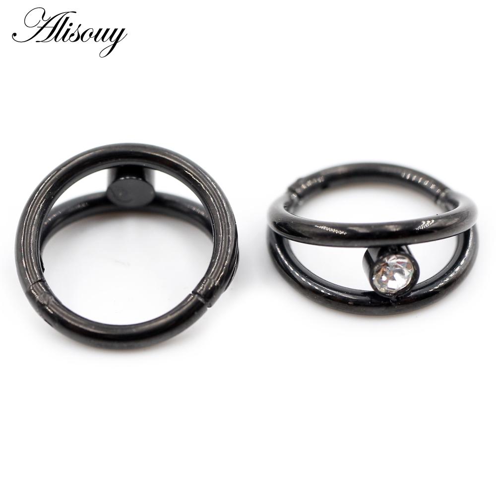 Alisouy 1pc Two Layers Zircon CZ Cartilage Earrings Stainless Steel Hinged Piercing Septum Clicker Nose Rings Hoop Segment Rings