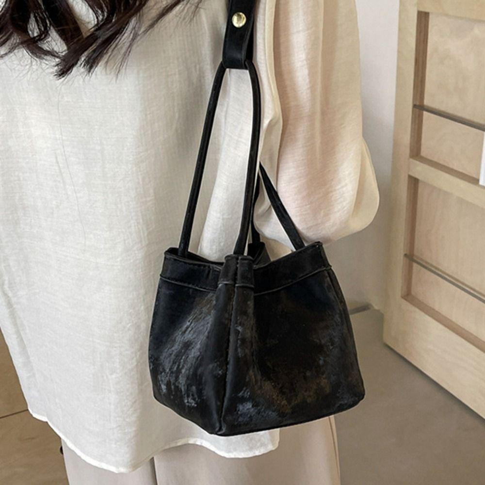 Large Capacity Vegetable Basket Bag Pure Color Shoulder Bag PU Leather Bucket Bag  Lady/Girls
