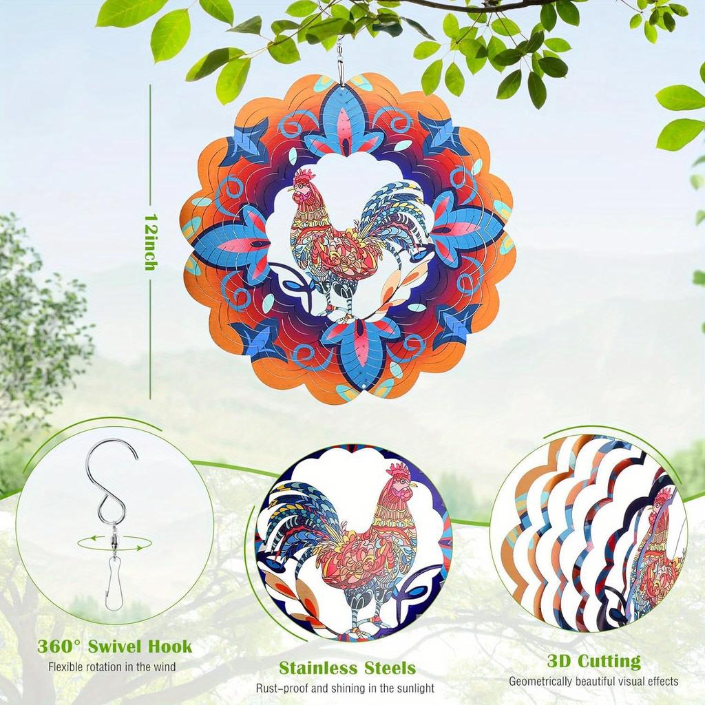 Wind Rotator 12 Inch 3D Stainless Steel Flower Rooster Design Metal Art Geometric Pattern Suspension Kinetic Energy Courtyard Garden Decoration