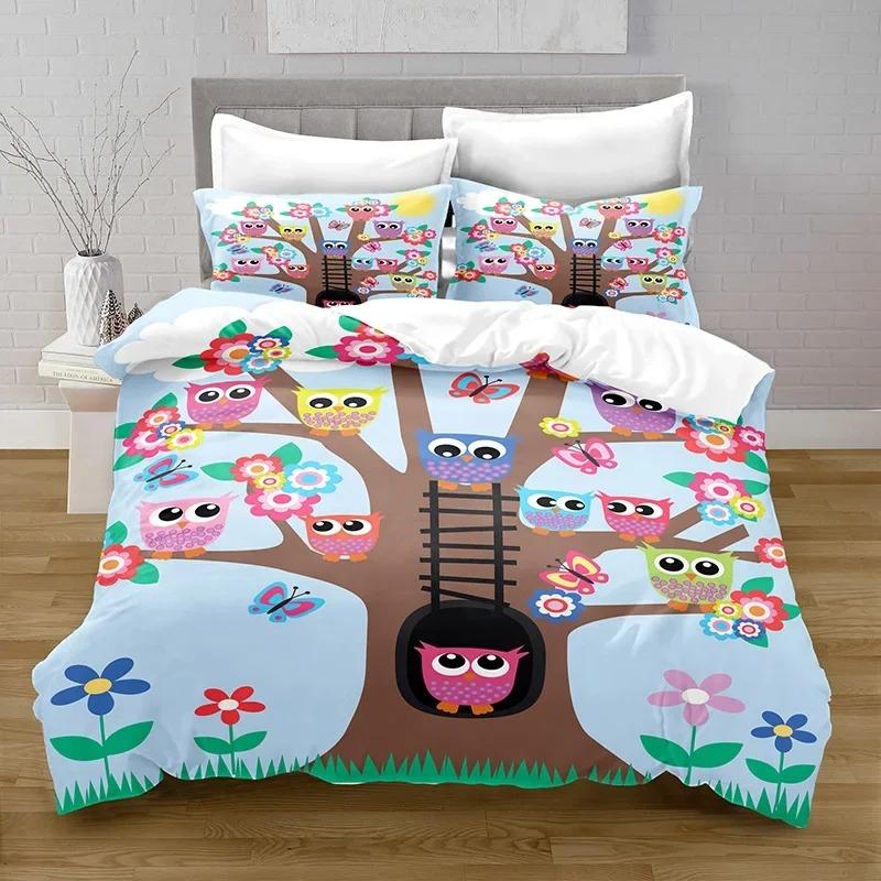 3D-принт Kawaii Owl Пододеяльник с наволочкой Украшение для спальни Постельное белье Queen Bedding Спальный гарнитур Кровать размера King Size Домашний текстиль