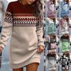 Женское осенне-зимнее платье миди с контрастным принтом, длинными рукавами и круглым вырезом, повседневные платья с капюшоном и цветочным принтом, ретро-пуловер