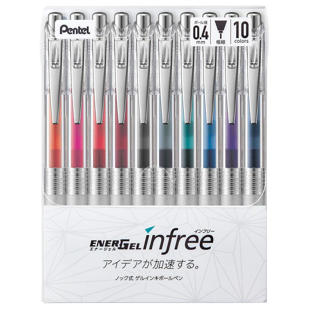 Pentel Gel Ink Ballpoint EnerGel Clear 10 Colors Pen, Infree, 0.4mm, Barrel, BLN74TL-10,