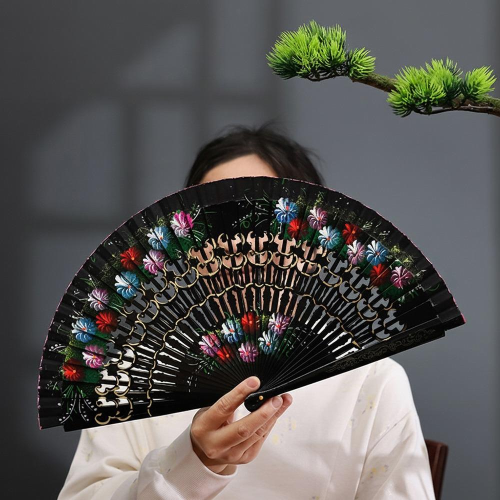 Colorful Hand Painted Fan Wooden Chinese Vintage Fan Portable Spanish Wood Fan Home Decor