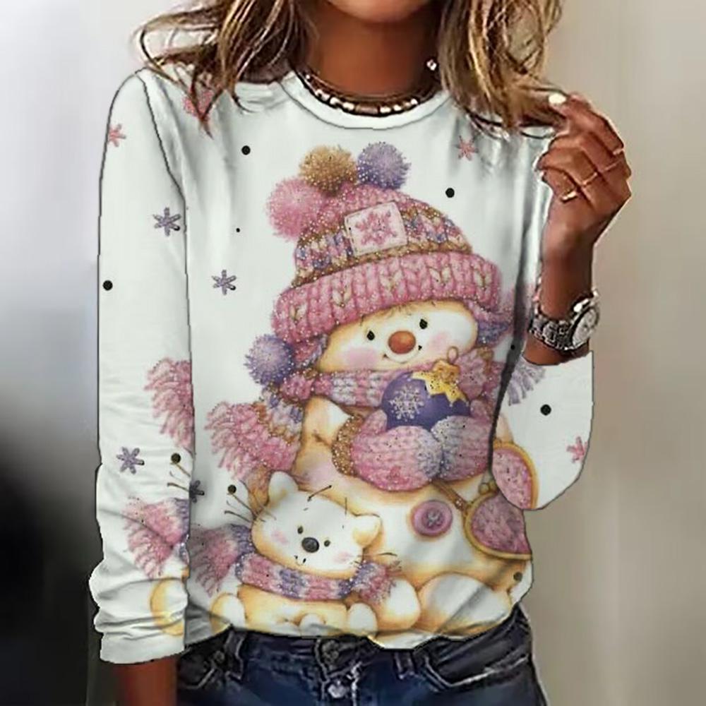 Spring and Autumn Long Sleeved Women's Top Christmas Printed Round Neck T-shirt Casual Cute Style