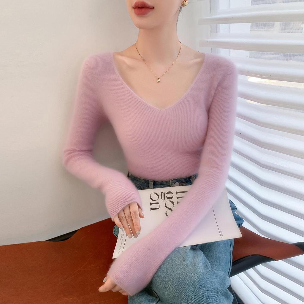 Women's V-Neck Cashmere Pullover - Loose Fit Solid Color Base Layer for Autumn/Winter
