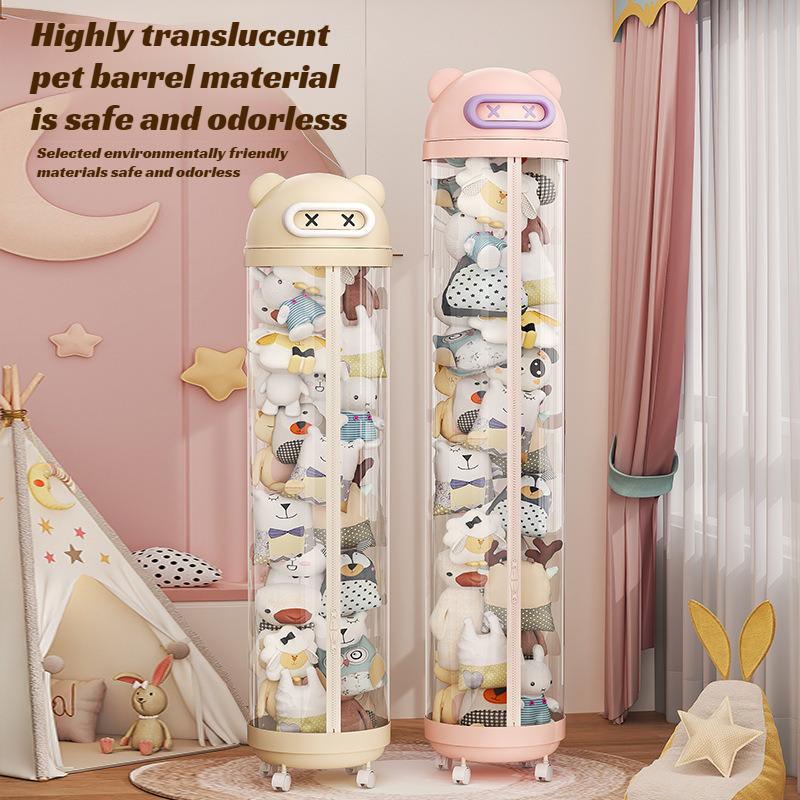 Large Capacity Plush Doll Storage Bucket With Wheels Transparent Storage Bucket Zipper Kids DIY Plushies Toy Display Bucket