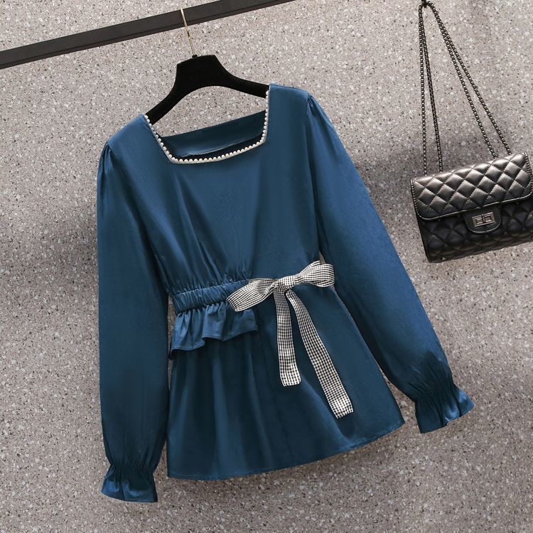 Плюс Размер Женская Осенняя Рубашка с Квадратным Воротником Темперамент Женская Талия Тонкая и Маленькая Костюм Из Двух Частей