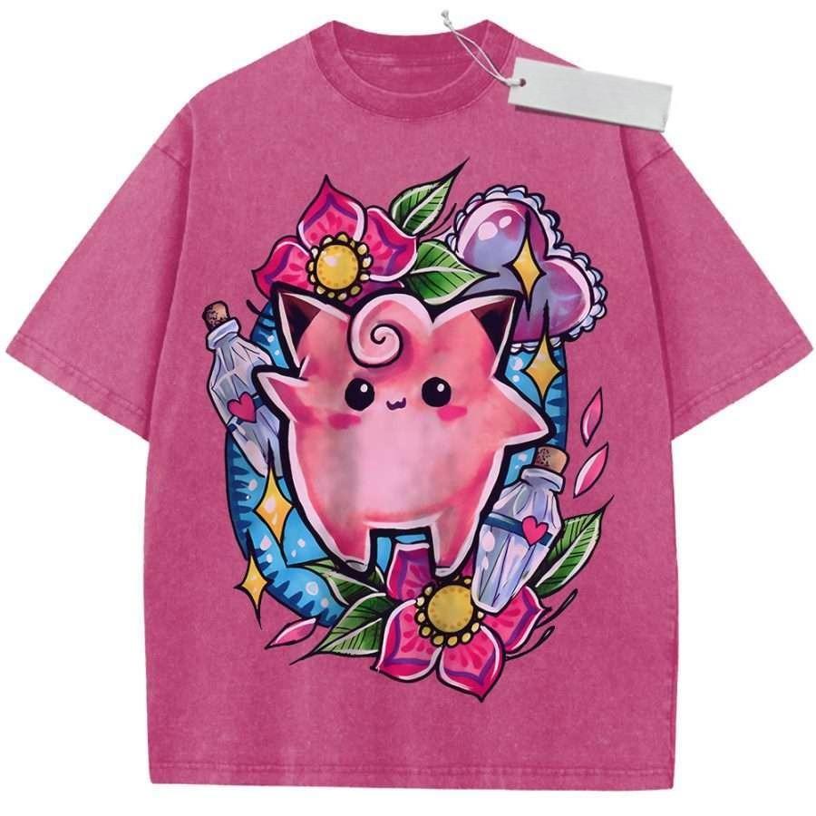 Oversize Vintage Washed Anime T Shirt Pokemon Jigglypuff with Flowers Hearts and Bottles Cute Streetwear Casual Daily Top