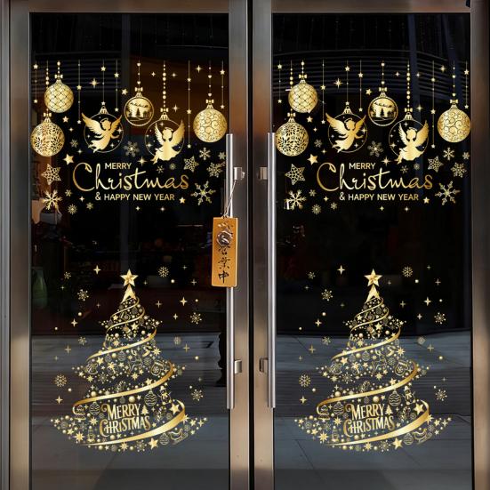 2/4Pcs Golden Christmas Tree Window Cling Removable Waterproof Merry Xmas Tree Static Glass Sticker Holiday Party Decoration Decal
