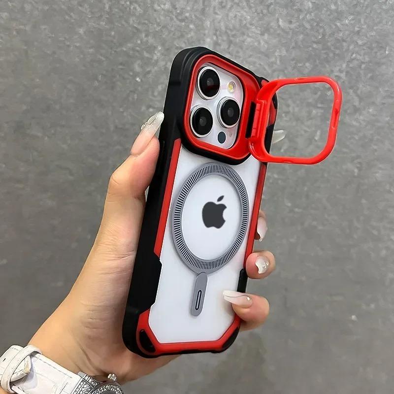 Luxury Contrast Color Armour Magnetic Phone Case For 17 16 15 14 13 12 Pro Max 11 Folding Lens Holder For Magsafe Cover