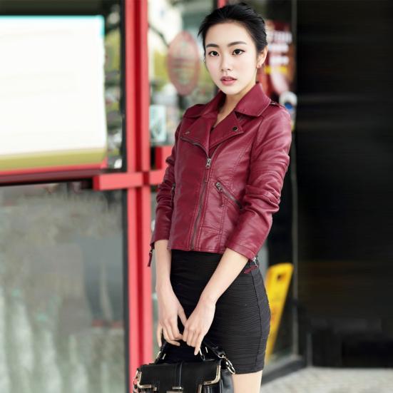 Женское весенне-осеннее пальто из искусственной кожи с отложным воротником на молнии и карманами ветрозащитная молния сплошной цвет плюс размер мотоциклетная куртка с длинными рукавами