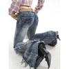 American Retro Y2K Flare Jeans Scratched Slim Bell Bottoms Women Fashion Gyaru Denim Pant  Raw Edge Trousers Hip Hop High Street