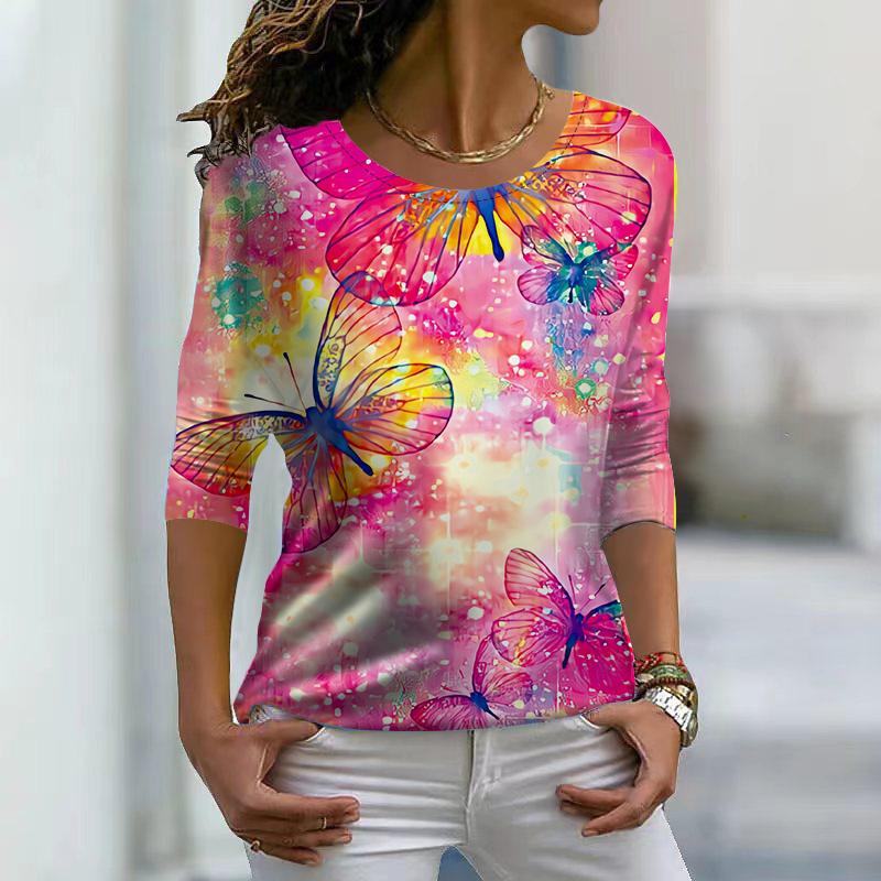 Женские осенние топы, свободные бабочки, персиковый цвет, принт, повседневная футболка с длинным рукавом, топ, блузка
