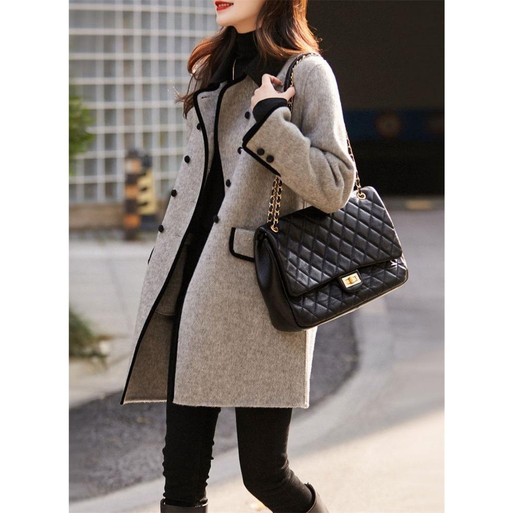 Осень и Зима Новая Мода Корейская Версия Приталенное Повседневное Универсальное Темпераментное Контрастного Цвета Пальто из Шерсти с Маленьким Лацканом для Женщин
