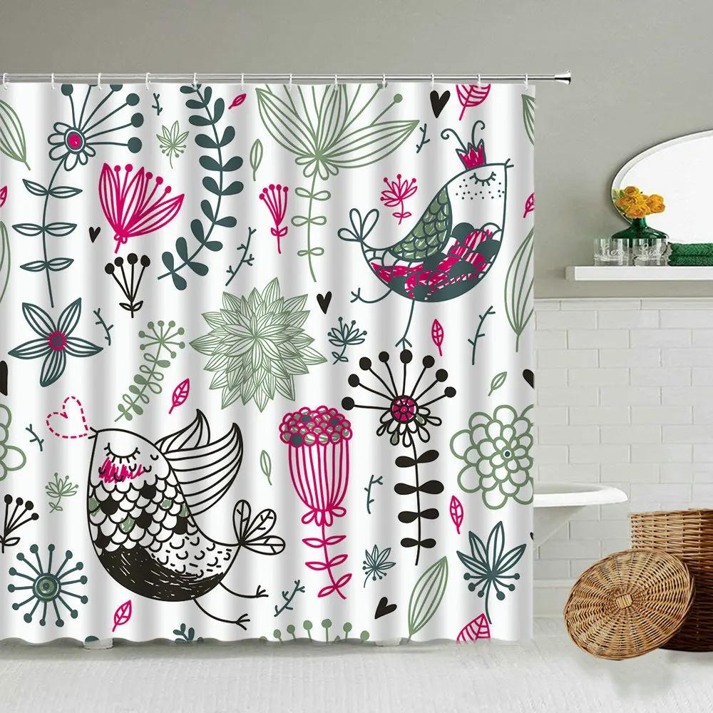 Cartoon Hand-Painted Animal Shower Curtain, Cat, Bird, Rabbit, Plant, Flower, Child Bathroom Decor With Hook