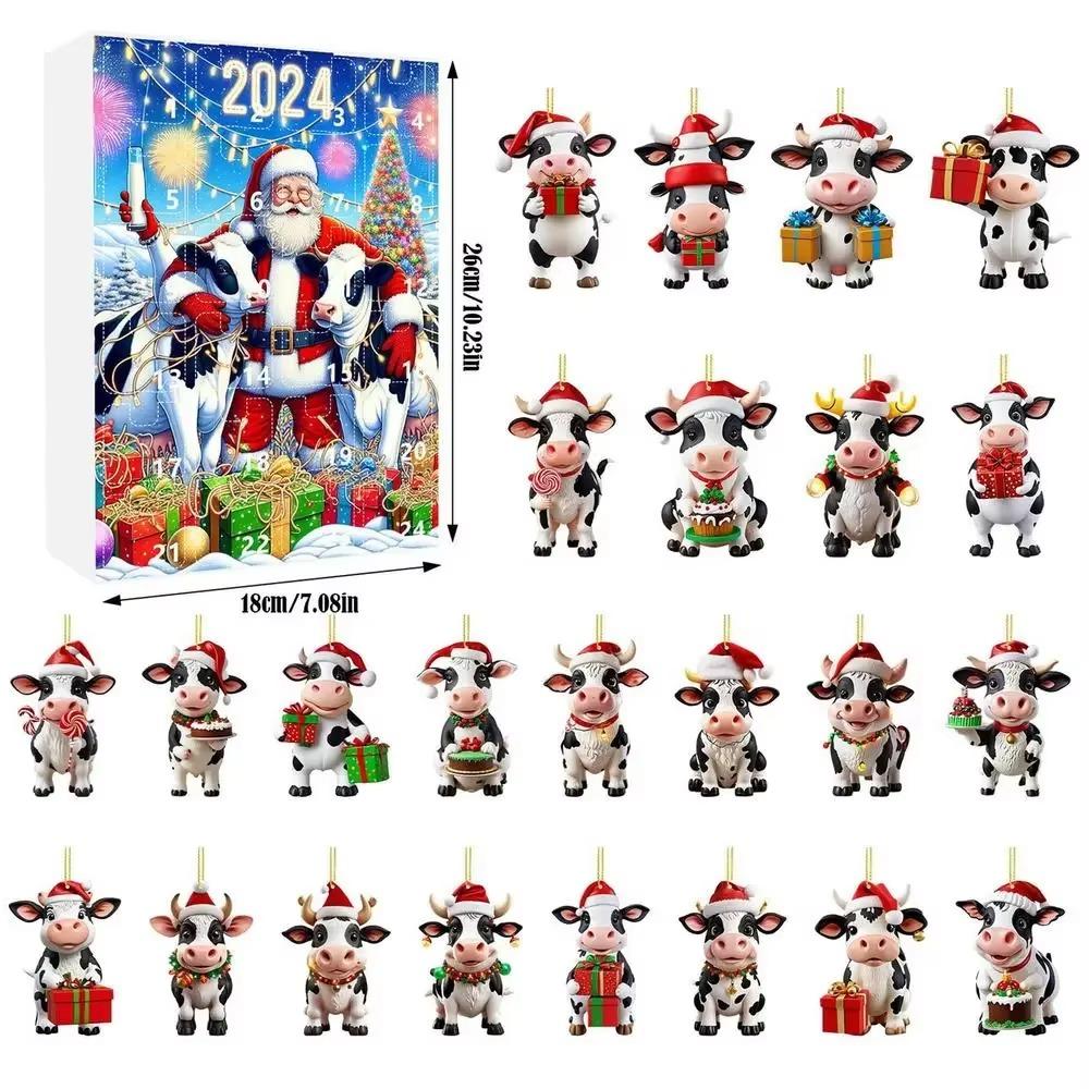 Рождественский адвент-календарь 2024 года «Корова в шапках Санты», 24-дневный рождественский адвент-календарь, 2D-украшение рождественской елки в виде коровы из Хайленда