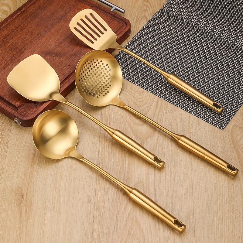 1Pc Golden Stainless Steel Long Handle Cooking Utensils Rice Spoon Soup Ladle Pancake Spatula Colander Gadgets for Kitchen