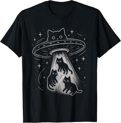 Забавная футболка с котом, НЛО, милым котенком, космическим кораблем, инопланетной эстетикой, унисекс.