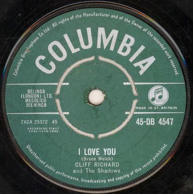 7-дюймовая пластинка CLIFF RICHARD THE SHADOWS I Love You 45DB4547 Columbia 1960 UK Rock Б/у