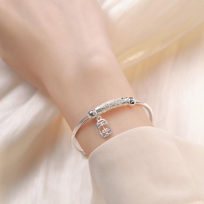 S999 Foot Silver Push Pull Bracelet Xiangyun Ping An Bracelet with National Style Design Sense New Chinese Solid Bracelet