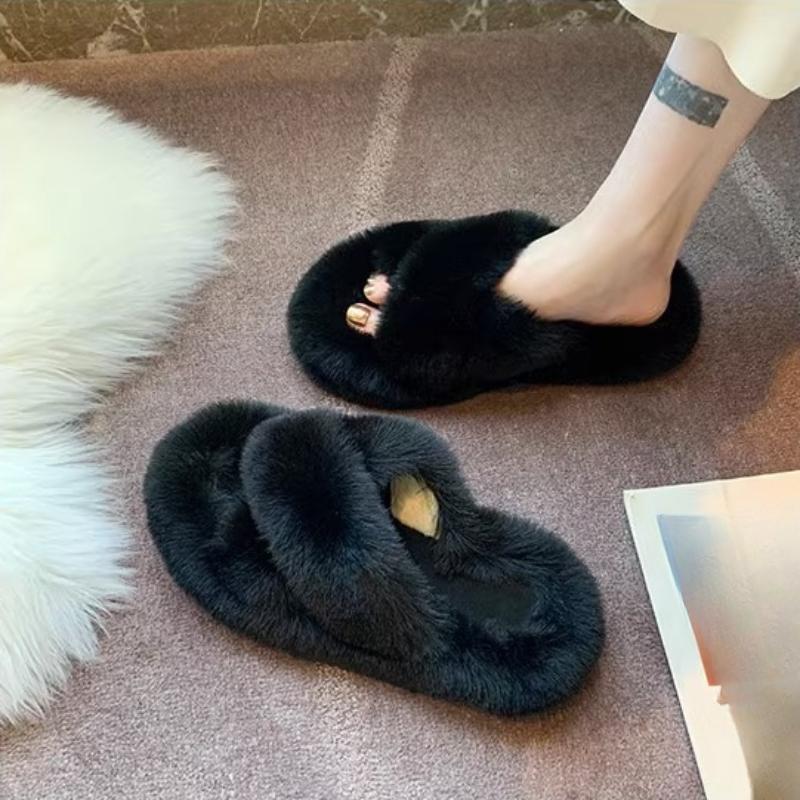 2024 Winter Women Home Indoor Casual Slippers Female Flip Flops Fluffy Shoes Cross Design Slides Ladies Soft Warm Plush Slippers