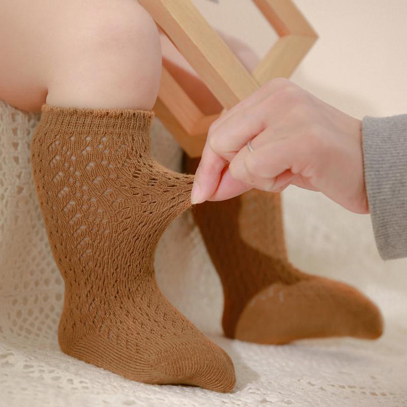 Однотонные детские носки выше колена, мягкие хлопковые носки для малышей, детские носки с ажурным узором для 0-2 лет