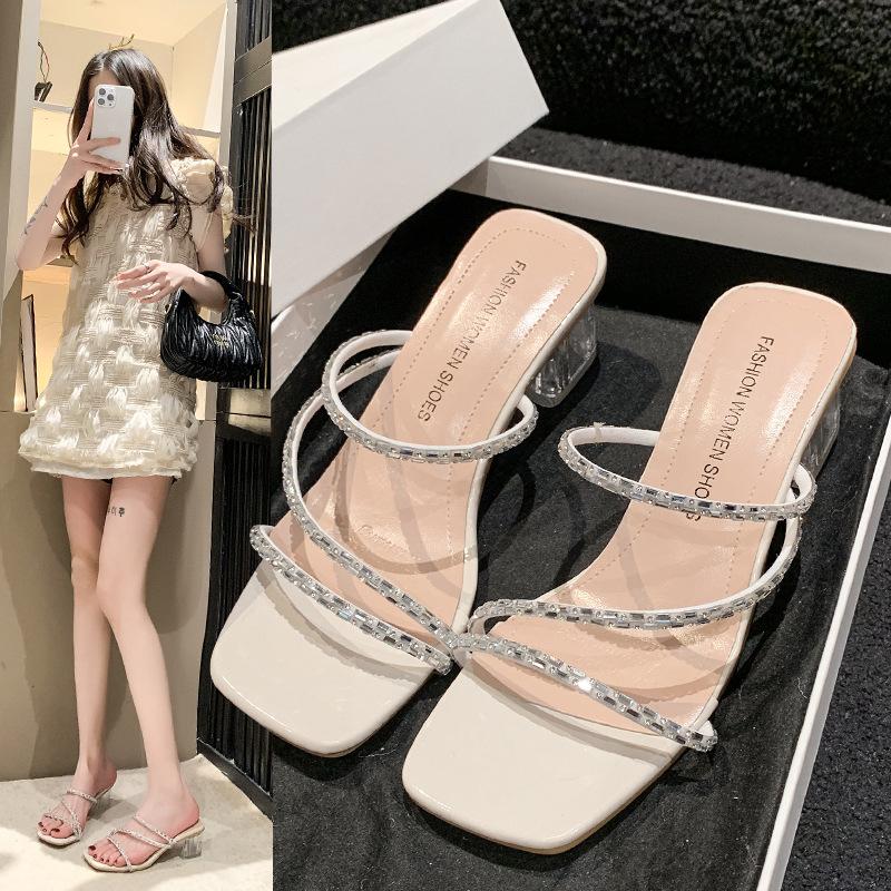 Internet celebrity rhinestone cool slippers women wear 2024 new summer two wear fashion flat thick heel large size women's shoes 41 a 42