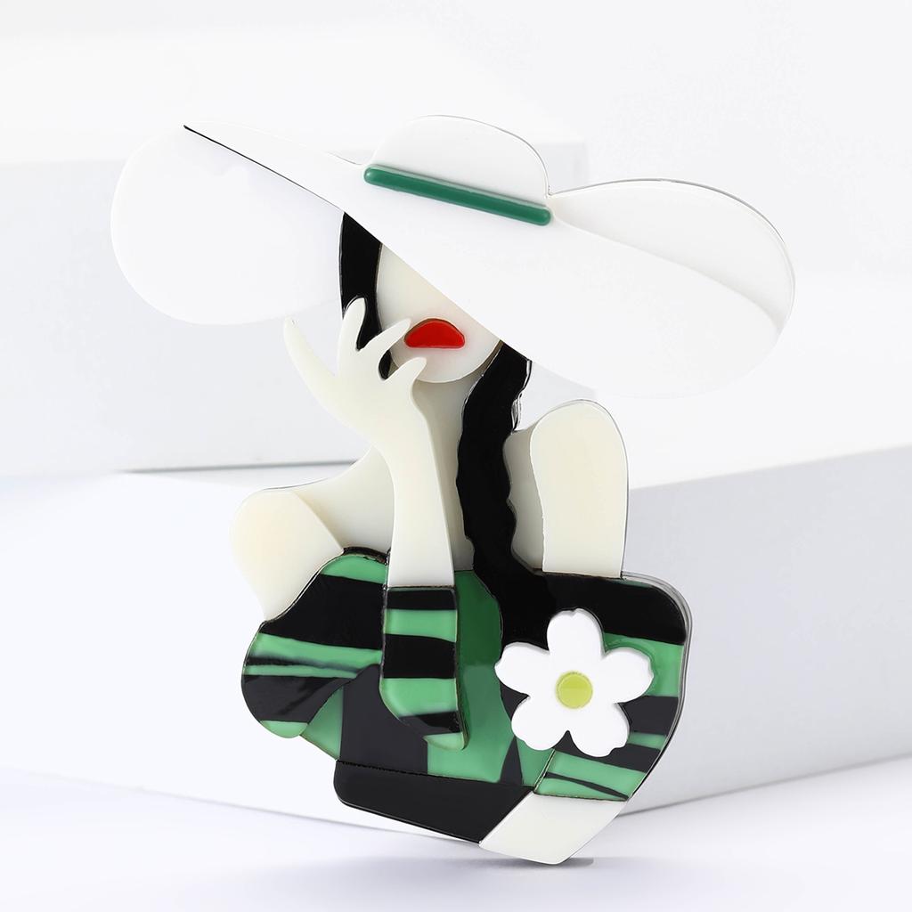 Acrylic White Flower Miss Brooches for Women Unisex Flower Character Pins Event Party Backpack Decoration Clothes Accessories