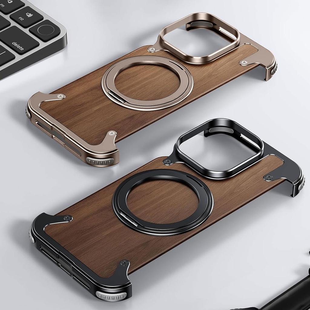 Чехол из цельного дерева Eary для iPhone 17 16 15 14 Pro Max с поддержкой Magsafe, 360° вращающаяся подставка, магнитный, ударопрочный, защитный чехол