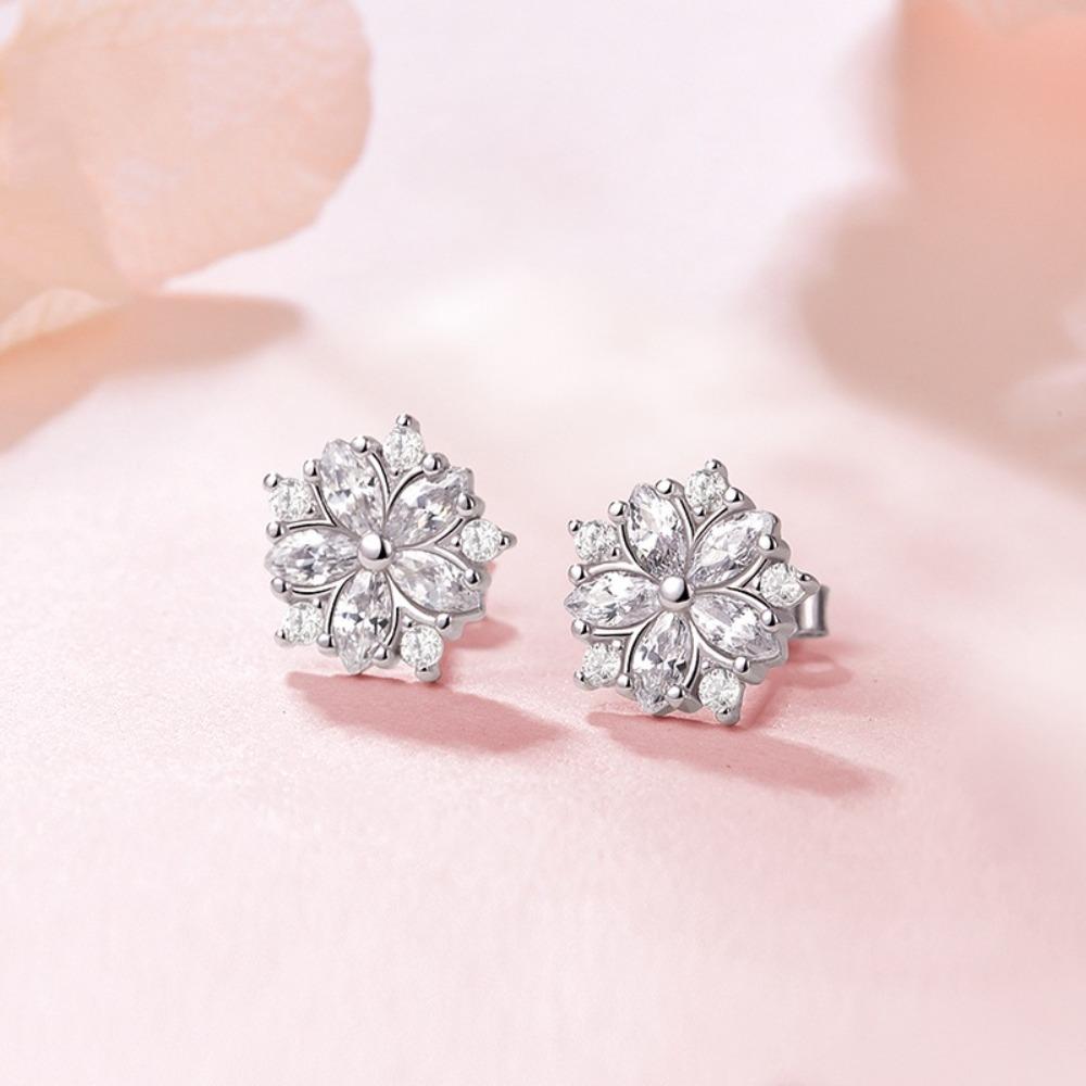 Cute Pink Sakura Earrings with Diamonds Minimalist Floral Studs for Female Students