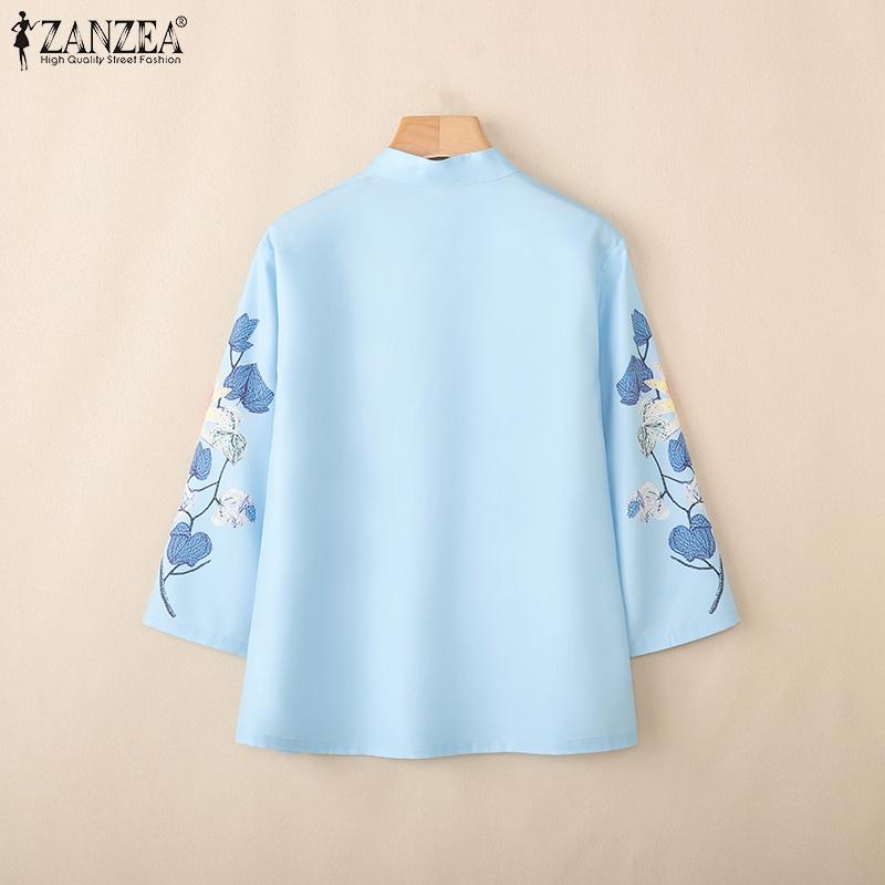 ZANZEA Women Stand Collar Loose Casual 3/4 Sleeve Floral Blouse