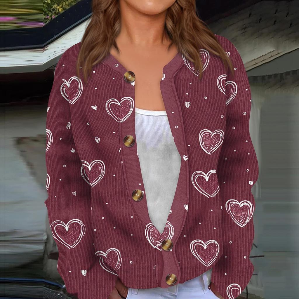 Женский кардиган с длинными рукавами и принтом ко Дню святого Валентина, жакет на пуговицах