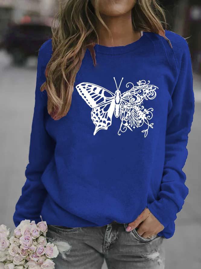 Butterfly Print Women's Long Sleeve Round Neck Hoodie