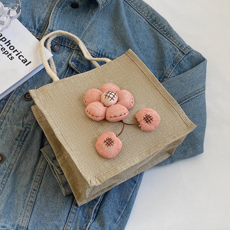 Корейская симпатичная сумка Ins Bento Bag Bag из мешковины для студентов, сумка-тоут для выхода, льняная сумка для ланча для женщин