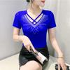 New Summer Short Sleeved V-Neck Women's T-Shirt Fashion Sexy Hollow Out Hot Diamonds Tops High Strecth Mesh Slim Tees