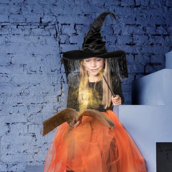 Шляпа ведьмы на Хэллоуин с заостренными кисточками, декорированная в черном темном стиле, с большими полями