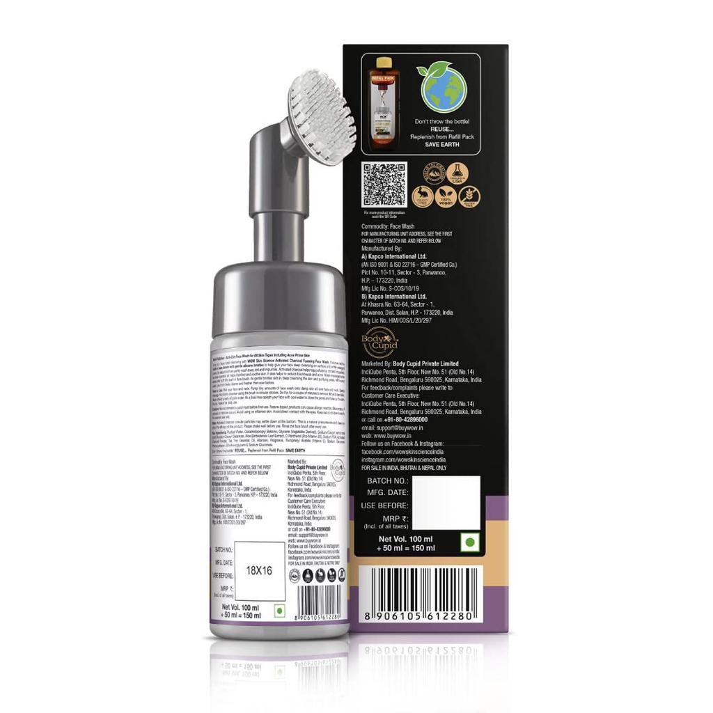 WOW Skin Science Charcoal Foaming Face Wash with Built-in Brush 150 Ml Pack for Deep Cleansing All Skin Types