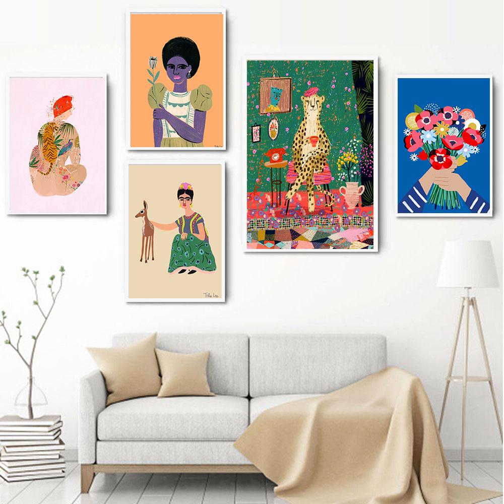 Abstract Tattooed Woman Wall Art Canvas Painting Prints Girl with Animal Flower Pictures Living Room Bedroom Wall Posters Decor