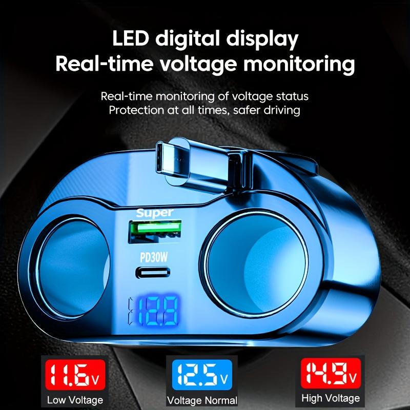 PD30W Fast Charging Car Charger with Retractable Cable, Dual Cigarette Lighter Ports and Real-Time LED Voltage Monitor for Cars and SUVs