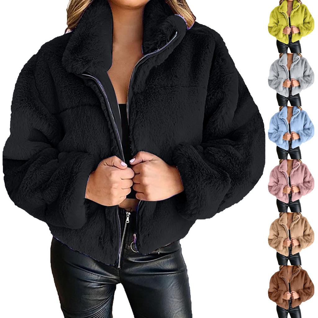 Women's Fashion Winter Solid Color Zipper Cardigan Plush Warm Short Jacket Coat