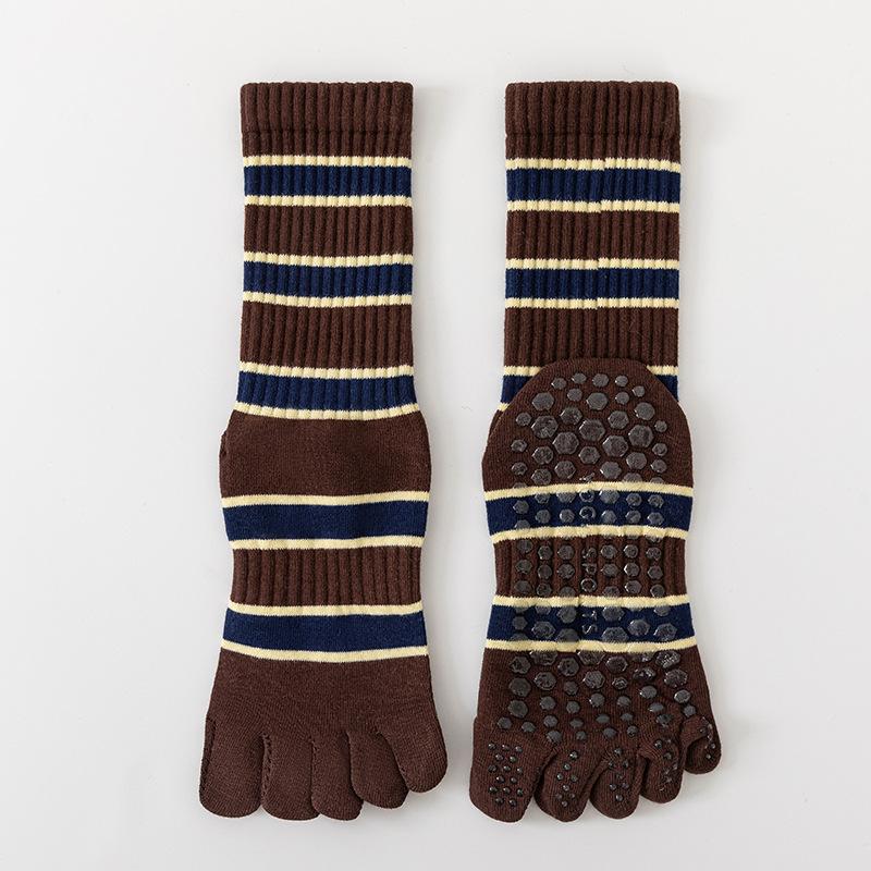 Носки для йоги с пятью пальцами, повседневные полосатые, для занятий в помещении, для пилатеса, силиконовые нескользящие, женские профессиональные фитнес-носки для танцев и спорта