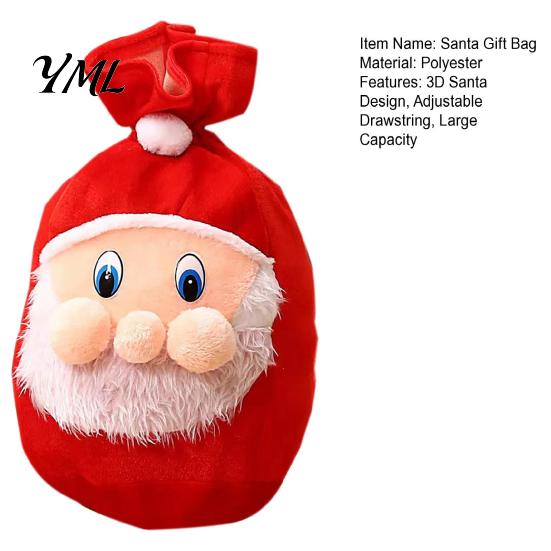 Fabric Present Pouch Christmas Santa Claus Sack, Adjustable Drawstring Gift Bag, 3D Festival Candy Bags Pouch, Holiday Party Supplies Xmas Favor