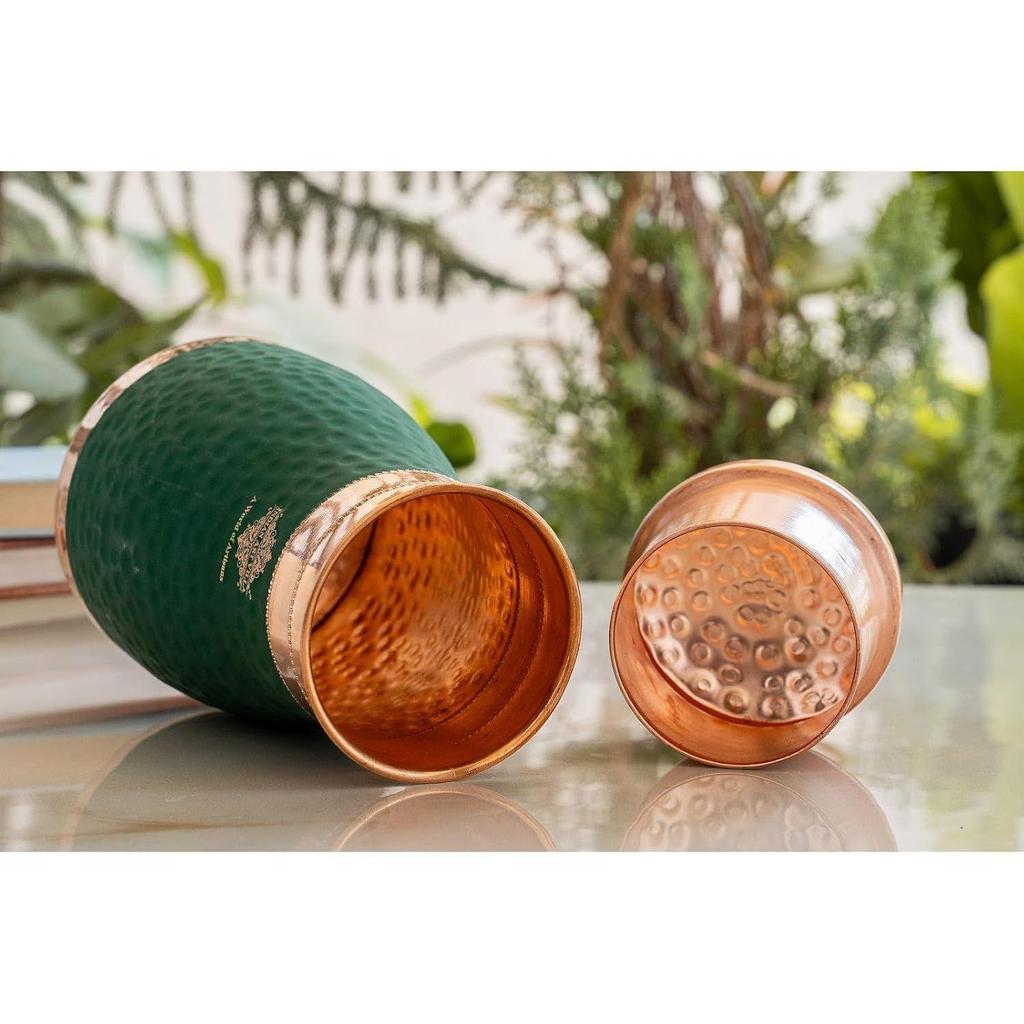 Pure Copper Bedroom Water Bottle with Inbuilt Glass, Green Silk Finish Hammered Design, Drinkware & Storage Purpose