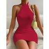 Женское вязаное платье Мини-платье без рукавов Летнее сексуальное платье с открытой спиной Клубное вечернее облегающее платье