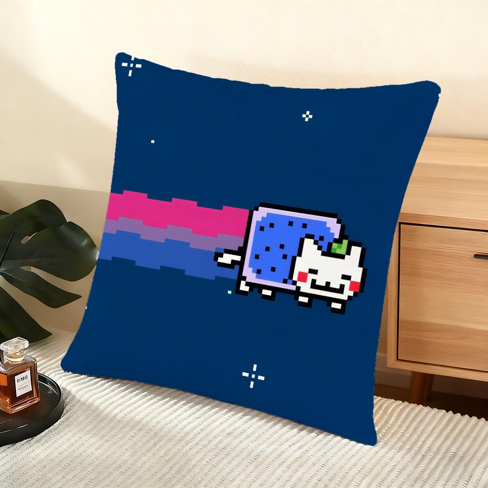 Cartoon Game N-Nyan-C-Cat Cushion Cover Soft Short Plush Pillow Cover Smooth Cozy Texture Aesthetic Cushion Case Home Decor