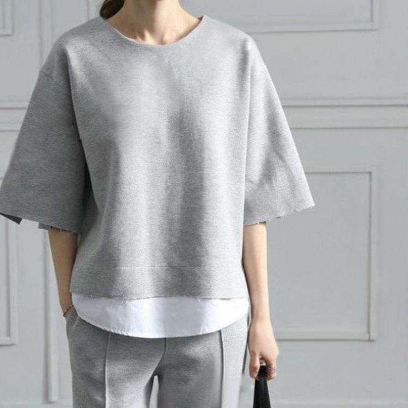 Весенние спортивные костюмы, женские хлопковые повседневные свободные комплекты из двух предметов с рукавами, свободные спортивные костюмы с разрезом, большие размеры