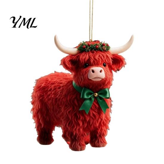 Flat Acrylic Ornaments for Christmas Tree Highland Yak Ornament Hanging Decor, Cute 2D Reusable Pendant Home Decor with Gold String Holiday