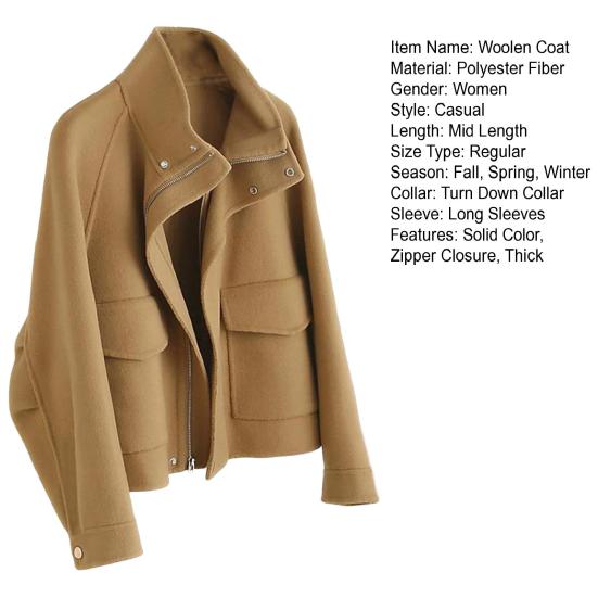 Осенне-зимнее шерстяное пальто с боковыми карманами, застежкой-молнией и отложным воротником, однотонное