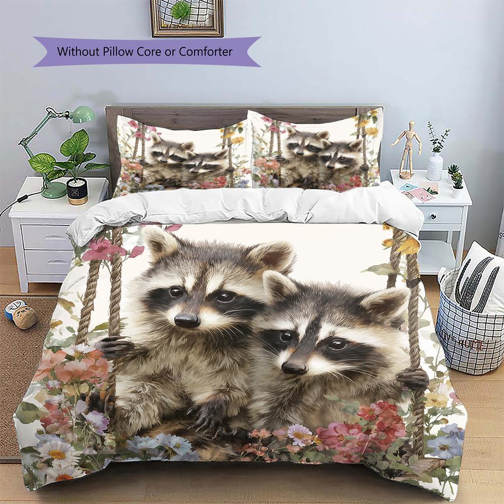 Raccoon and Flowers Pattern Bedding Home Decoration Birthday Gift (1 * duvet cover + 2 * pillowcase, without core)