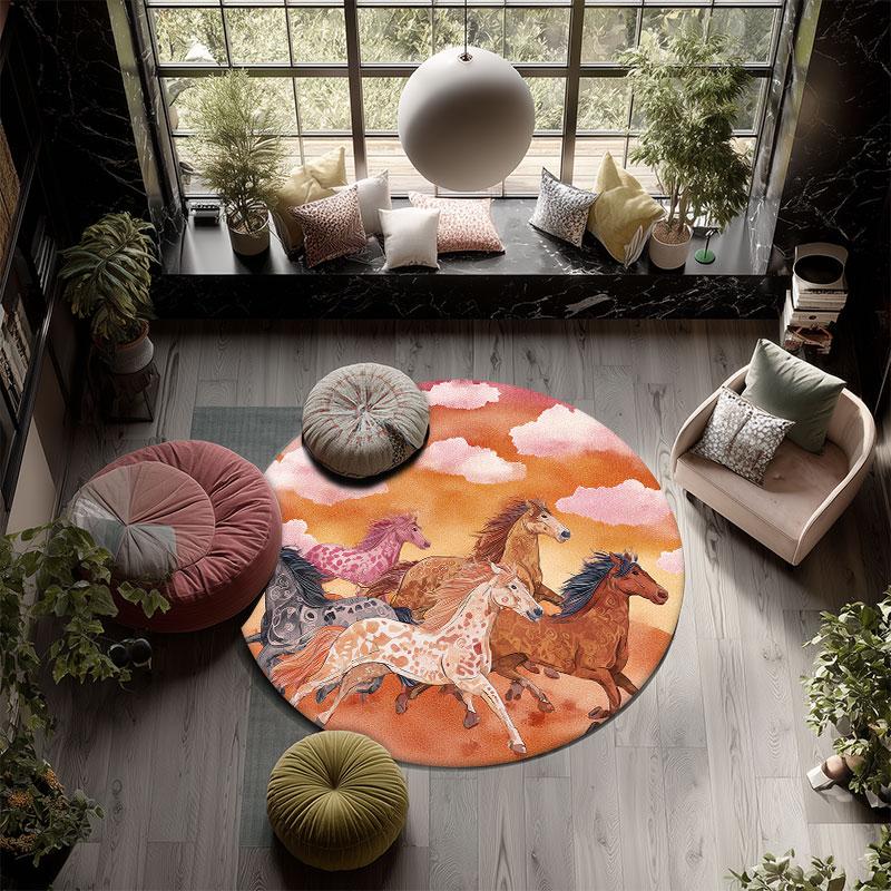 Horse pattern round rug,Carpet Rug for Living Room Bedroom Playroom ,Non-slip Floor Mat,Holiday Gifts and Birthday Gifts.